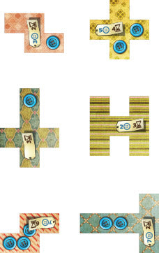 Close-up view of the Patchwork game by Lookout Games, featuring colorful patchwork pieces in various shapes and patterns, each displaying numbers and buttons for gameplay.