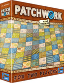 The game Patchwork by Lookout Games, designed by Uwe Rosenberg, features a colorful box design showcasing a quilt-inspired layout. The box highlights the title 'PATCHWORK' prominently and indicates that it is suitable for two players. The intricate patterns and vibrant colors reflect the creative and strategic nature of the game.