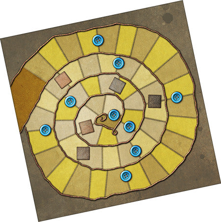 Patchwork by Lookout Games is a vibrant and engaging board game featuring a spiral board design composed of colorful patches in shades of yellow, brown, and gray. The game includes blue buttons that serve as tokens, enhancing the visual appeal and interactive nature of the gameplay experience.