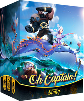 The game box of 'Oh Captain!' by Asmodee features vibrant artwork showcasing a heroic captain riding a magical creature, accompanied by mythical characters in a nautical adventure setting. Ideal for family game nights, it's designed for 3-5 players and offers strategic gameplay full of fun and excitement.