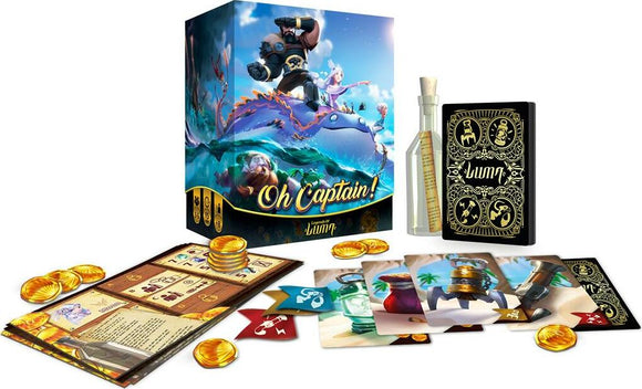 The game Oh Captain! by Asmodee features a vibrant box cover with a whimsical pirate theme. The game includes gold coin tokens, action cards depicting various pirate items, and a unique bottle component. Perfect for family fun or game nights, this interactive adventure invites players to sail the seas and collect treasures.