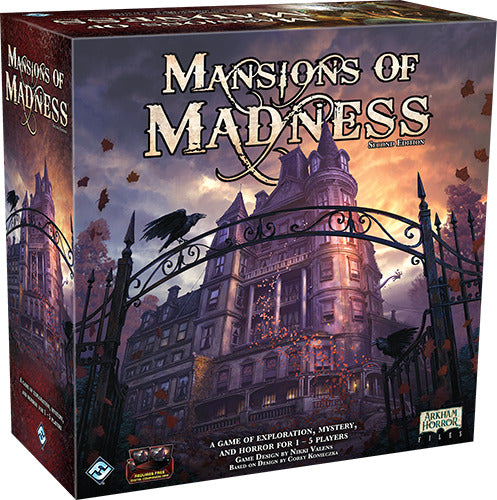 Mansions of Madness: Second Edition game box by Fantasy Flight Games, featuring a haunted mansion, ravens, and autumn leaves. The box highlights themes of exploration and mystery, designed for 1-5 players. Intricate artwork captures the eerie atmosphere of horror gaming.