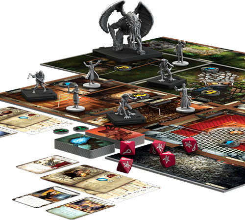 Mansions of Madness: Second Edition game setup featuring a variety of detailed miniatures, game boards, cards, and dice. The image showcases engaging components like character figures and intricate environments for immersive gameplay.