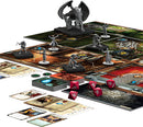 Mansions of Madness: Second Edition game setup featuring a variety of detailed miniatures, game boards, cards, and dice. The image showcases engaging components like character figures and intricate environments for immersive gameplay.