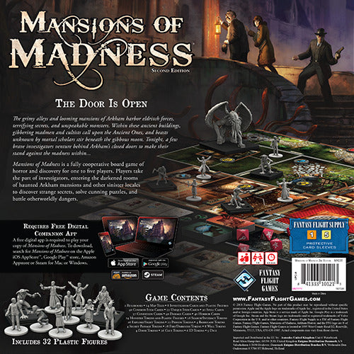 Back cover of the Mansions of Madness: Second Edition board game by Fantasy Flight Games. The image features intricate artwork depicting a dark, atmospheric setting with various miniatures. It highlights the game's cooperative gameplay and includes details about game contents, showing 32 plastic figures and mentioning the need for a companion app for enhanced gameplay. The title 'Mansions of Madness' is prominently displayed at the top.