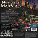 Back cover of the Mansions of Madness: Second Edition board game by Fantasy Flight Games. The image features intricate artwork depicting a dark, atmospheric setting with various miniatures. It highlights the game's cooperative gameplay and includes details about game contents, showing 32 plastic figures and mentioning the need for a companion app for enhanced gameplay. The title 'Mansions of Madness' is prominently displayed at the top.