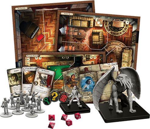 Mansions of Madness: Second Edition board game by Fantasy Flight Games. The image showcases intricately designed game boards, character miniatures, various game cards, and thematic dice, presenting a rich and immersive gameplay experience in a horror-themed setting.