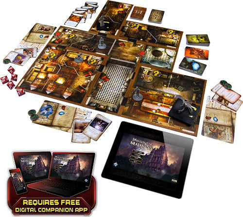 Mansions of Madness: Second Edition board game spread out on a table. The image shows various game components including a detailed game board, character tokens, dice, and cards. A tablet displaying the digital companion app is also included, emphasizing the game's interactive elements. The setting appears to be a mysterious mansion, enhancing the thematic experience.