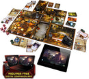 Mansions of Madness: Second Edition board game spread out on a table. The image shows various game components including a detailed game board, character tokens, dice, and cards. A tablet displaying the digital companion app is also included, emphasizing the game's interactive elements. The setting appears to be a mysterious mansion, enhancing the thematic experience.