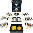 Mascarade 2nd edition game by Repos Production featuring colorful character cards, a scoring board, and an assortment of gold coins arranged around the intricately designed box. The game invites players to engage in deception and deduction as they take on different roles with various abilities.