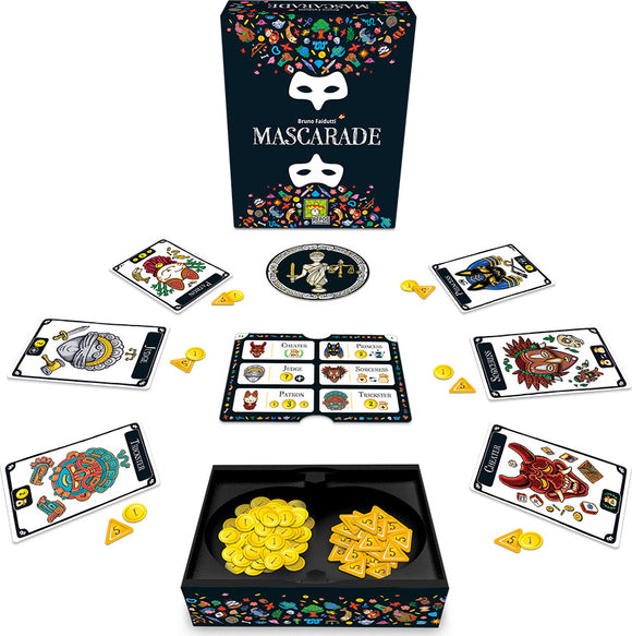 Mascarade 2nd edition game by Repos Production featuring colorful character cards, a scoring board, and an assortment of gold coins arranged around the intricately designed box. The game invites players to engage in deception and deduction as they take on different roles with various abilities.