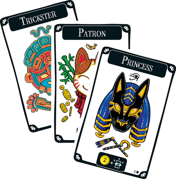 Mascarade 2nd edition game cards featuring a Trickster, Patron, and Princess character. Each card showcases vibrant illustrations and themed elements, designed for engaging gameplay.