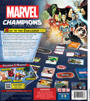 Marvel Champions LCG Core Set game box featuring iconic Marvel superheroes such as Spider-Man, Iron Man, and Black Panther. The back of the box showcases game components, including hero cards and tokens, alongside vibrant artwork. The theme revolves around battling villains in a cooperative card game format.