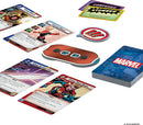 The Marvel Champions LCG: Core Set box, with various game cards spread out, featuring character abilities, statuses like "Stunned" and "Confused", and a central control panel. The design showcases vibrant colors and iconic Marvel characters, emphasizing fantasy tabletop gameplay.
