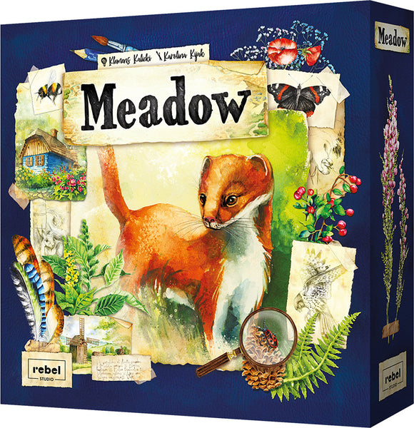 The 'Meadow' game by Rebel features a vibrant box illustration showcasing a curious animal set against a backdrop of flora, handwritten notes, and nature-themed artwork, inviting players into a whimsical exploration of meadows.