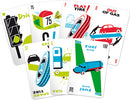 A collection of colorful Mille Bornes game cards laid out on a flat surface. The cards feature illustrations of cars, a fuel truck, a traffic light, and various game actions such as 'Flat Tire' and 'Out of Gas.' Each card displays a unique design with vibrant colors, emphasizing the fun and strategy of the card game.