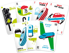 A collection of colorful Mille Bornes game cards laid out on a flat surface. The cards feature illustrations of cars, a fuel truck, a traffic light, and various game actions such as 'Flat Tire' and 'Out of Gas.' Each card displays a unique design with vibrant colors, emphasizing the fun and strategy of the card game.