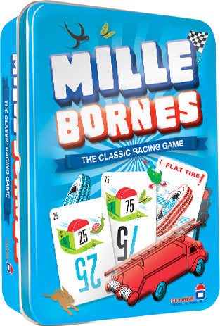 The Mille Bornes game box features vibrant blue packaging with playful illustrations. It prominently displays the title 'Mille Bornes' in bold letters. The design includes images of game cards showing numbers and obstacles such as a 'Flat Tire', along with graphics of a classic red vehicle, symbolizing a racing theme. The tagline 'THE CLASSIC RACING GAME' is also visible, making it clear that this is a fast-paced card game suitable for family game nights.