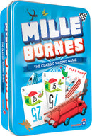 The Mille Bornes game box features vibrant blue packaging with playful illustrations. It prominently displays the title 'Mille Bornes' in bold letters. The design includes images of game cards showing numbers and obstacles such as a 'Flat Tire', along with graphics of a classic red vehicle, symbolizing a racing theme. The tagline 'THE CLASSIC RACING GAME' is also visible, making it clear that this is a fast-paced card game suitable for family game nights.