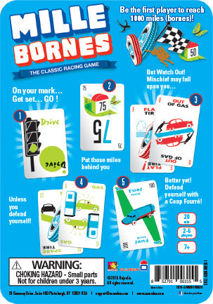 The Mille Bornes game box by Asmodee features colorful illustrated cards, showcasing gameplay elements like 'Drive', 'Gas', and 'Out of Gas'. It highlights a racing theme where players aim to reach 1000 miles while avoiding obstacles. The back includes warnings and instructions, making it suitable for ages 7 and up. Ideal for family game nights.