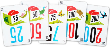 A selection of colorful Mille Bornes game cards featuring numbers and illustrations. The cards display a range of point values including 25, 50, 75, 100, and 200, with vibrant designs of animals and nature motifs, ideal for engaging gameplay.
