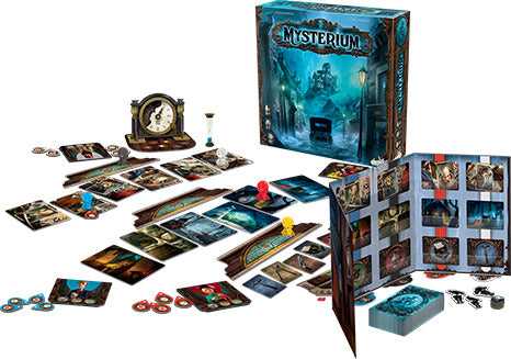 The game Mysterium by Libellud displayed with its components, including a beautifully designed box featuring eerie artwork, colorful game tokens, a clock, and various clue cards depicting ghostly images. The game involves players solving a mystery through deduction and collaboration, creating an immersive experience set in a haunted mansion.