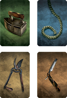 The game Mysterium by Libellud features beautifully illustrated cards depicting various items. Cards include an antique iron, a coiled rope, gardening shears, and a straight razor, all set against distinct colored backgrounds. Ideal for creating a mystical and immersive gaming experience.