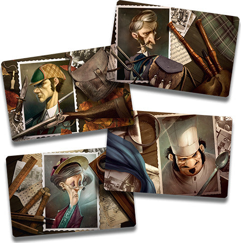 Mysterium game by Libellud featuring intriguing character cards. Each card showcases unique characters with distinct expressions and props, set against a vintage backdrop filled with clues and mysteries to solve.