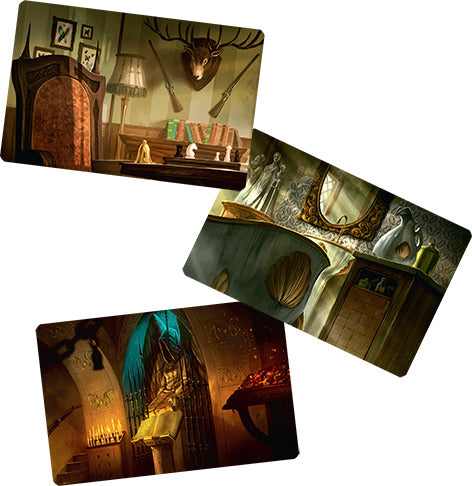 Mysterium game by Libellud features beautifully illustrated cards showing eerie and mysterious settings including a decorated room with antlers, a haunting corridor, and a shadowy space with magical elements. Perfect for immersive gameplay.