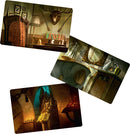 Mysterium game by Libellud features beautifully illustrated cards showing eerie and mysterious settings including a decorated room with antlers, a haunting corridor, and a shadowy space with magical elements. Perfect for immersive gameplay.