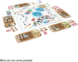 Namiji game by FunForge, displayed with a vibrant game board featuring colorful tokens, player boards, and seafood-themed elements. The setup includes various cards and tokens, inviting players to engage in a strategic aquatic adventure. Note: Game minis are unpainted.