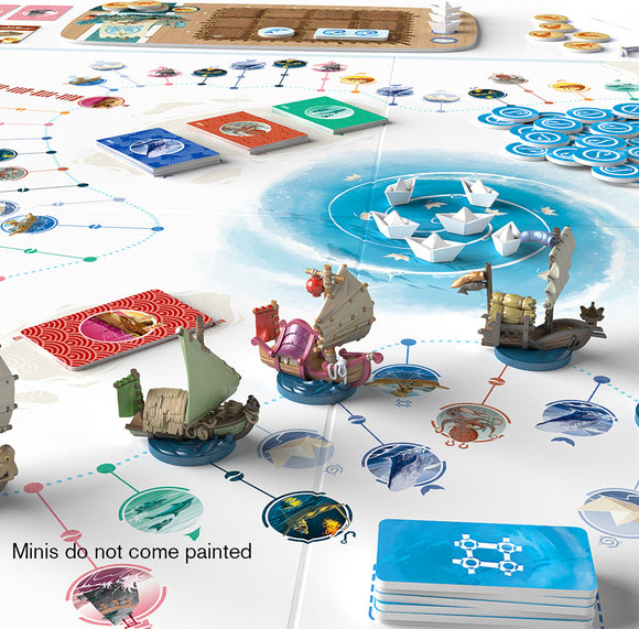 A vibrant tabletop game setup of Namiji by FunForge, featuring intricate game pieces including colorful ships and cards laid out on a stylized board depicting waterways and islands. The scene showcases various mechanics, cards, and tokens, emphasizing the game's strategic and artistic elements. Note: miniatures do not come painted.