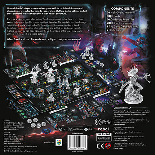 The product 'Nemesis' by Rebel is a cooperative horror board game designed for 1-5 players. The image displays the game board filled with intricate components, including 26 detailed miniatures, 300 action cards, and various cardboard tiles that create a unique gaming environment. Key features include a two-sided cardboard map and plastic inserts for organization. The players must strategize to survive in a tense space setting while facing challenges and enemies.