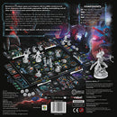The product 'Nemesis' by Rebel is a cooperative horror board game designed for 1-5 players. The image displays the game board filled with intricate components, including 26 detailed miniatures, 300 action cards, and various cardboard tiles that create a unique gaming environment. Key features include a two-sided cardboard map and plastic inserts for organization. The players must strategize to survive in a tense space setting while facing challenges and enemies.