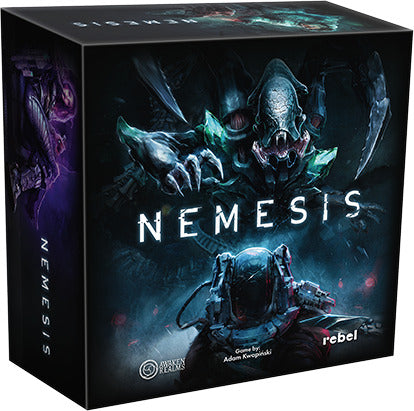 The boxed board game 'Nemesis' by Rebel, featuring an intense and detailed cover art depicting a sci-fi environment with alien creatures and a mysterious astronaut. The artwork showcases dark colors and dramatic lighting, setting an ominous tone for gameplay.