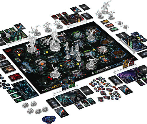 Nemesis board game by Rebel featuring an intricate game board set in a sci-fi theme, complete with miniatures, tokens, and various cards for gameplay. The layout includes alien figures, resource tokens, and challenge cards, designed for immersive strategic play with friends and family.