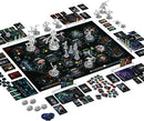 Nemesis board game by Rebel featuring an intricate game board set in a sci-fi theme, complete with miniatures, tokens, and various cards for gameplay. The layout includes alien figures, resource tokens, and challenge cards, designed for immersive strategic play with friends and family.