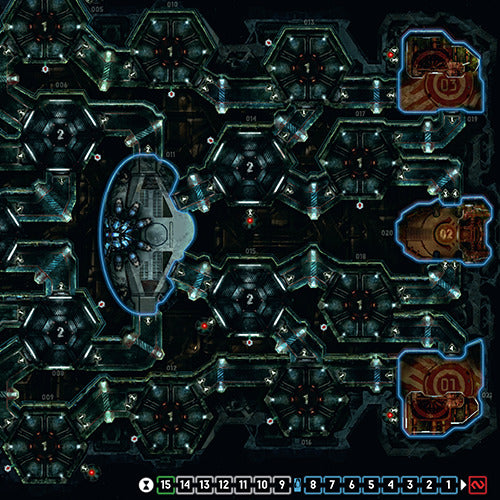 The game 'Nemesis' by Rebel features a detailed game board that illustrates a sci-fi themed environment. The board is divided into interconnected sections with numbers indicating different zones. It showcases intricate pathways and areas where players can navigate, featuring highlights of machinery and alien architecture, enhancing the immersive experience. Ideal for game nights, 'Nemesis' invites players to strategize and engage in thrilling gameplay.