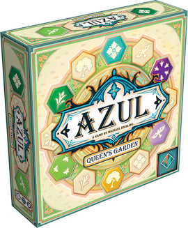 The box of 'Azul: Queen's Garden' by NEXT MOVE GAMES. The design features intricate and colorful patterns, with hexagonal shapes representing flowers, trees, and other garden elements. The title 'AZUL' is prominently displayed at the top, and 'QUEEN'S GARDEN' is featured at the center of the box. The overall aesthetic is vibrant and engaging, appealing to enthusiasts of board games.
