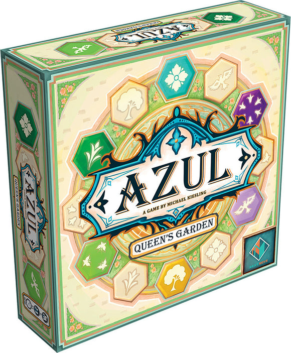 The box of 'Azul: Queen's Garden' by NEXT MOVE GAMES. The design features intricate and colorful patterns, with hexagonal shapes representing flowers, trees, and other garden elements. The title 'AZUL' is prominently displayed at the top, and 'QUEEN'S GARDEN' is featured at the center of the box. The overall aesthetic is vibrant and engaging, appealing to enthusiasts of board games.