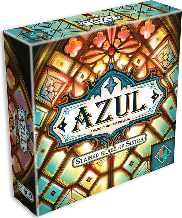 The game box for 'Azul: Stained Glass of Sintra' by NEXT MOVE GAMES features vibrant artwork showcasing intricate stained glass patterns. The title 'AZUL' is prominently displayed on the front, emphasizing its artistic design. This engaging strategy game invites players to create beautiful stained glass windows, providing a colorful experience for board game enthusiasts.