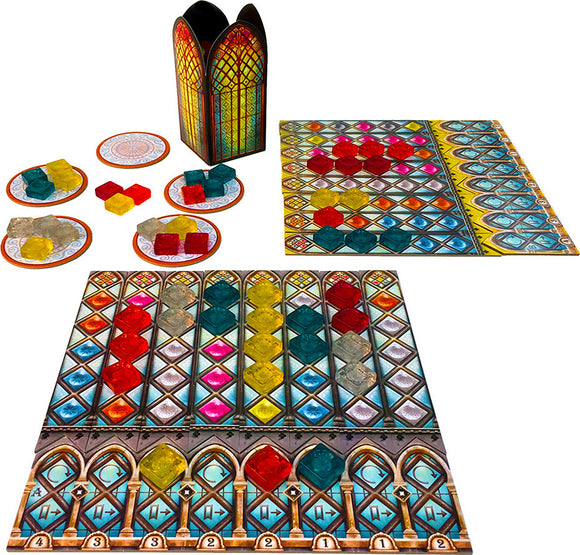 Azul: Stained Glass of Sintra board game from NEXT MOVE GAMES featuring colorful glass tiles, player boards with scoring areas, and a decorative scoring tower. The game setup includes vibrant glass pieces in multiple colors and player mats for individual gameplay.