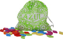 A vibrant green drawstring bag featuring the word 'AZUL' in white, surrounded by geometric patterns. Colorful game pieces in various shapes and sizes are scattered around the bag, highlighting the playful and engaging design of the game 'Azul: Summer Pavilion' by NEXT MOVE GAMES.
