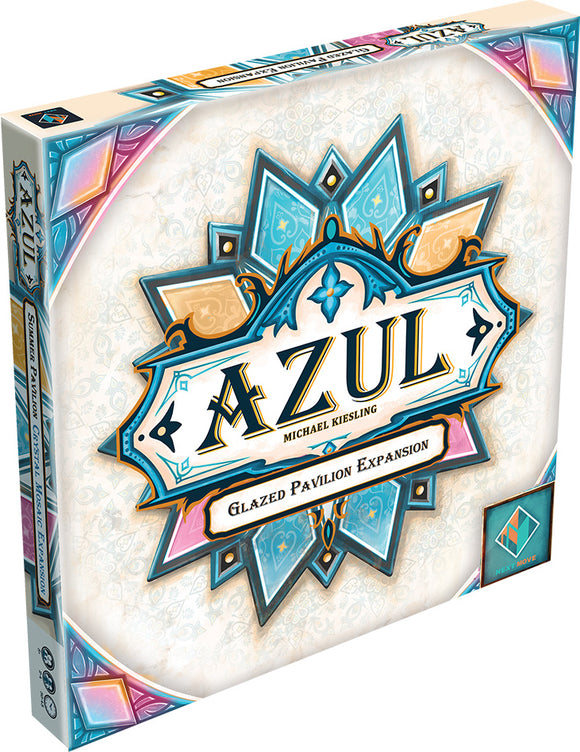 Azul: Glazed Pavilion Expansion board game by Plan B displays a colorful box featuring intricate geometric designs and a prominent logo. It emphasizes strategy and creativity for engaging gameplay.