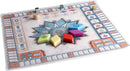 Azul: Glazed Pavilion Expansion game by Plan B, featuring a beautifully designed game board with vibrant, colored tiles and wooden pieces used for gameplay. The board showcases an intricate star pattern at the center and various scoring tracks around the perimeter, enhancing the artistic theme of the game.