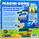 The back of the Machi Koro 5th Anniversary Edition game box by Pandasaurus. Features instructions and components for gameplay, including various cards and coins. Bright colors and playful illustrations represent the city theme of the game.