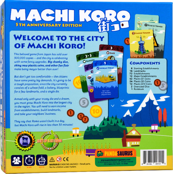 The back of the Machi Koro 5th Anniversary Edition game box by Pandasaurus. Features instructions and components for gameplay, including various cards and coins. Bright colors and playful illustrations represent the city theme of the game.