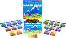 Machi Koro 5th Anniversary Edition game by Pandasaurus. The image features the colorful game box, three dice, stacks of resource tokens, and multiple game cards spread out. The game setup includes cards depicting various establishments needed to develop a bustling city.