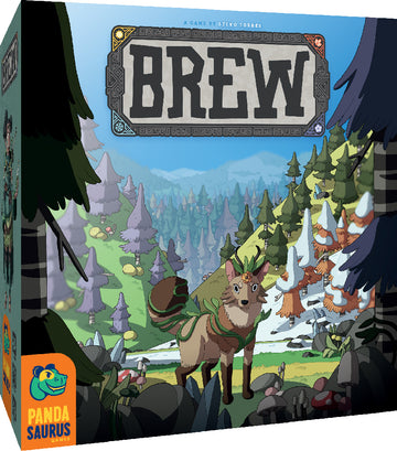Brew game box from Pandasaurus Games featuring vibrant artwork. The cover displays a whimsical forest setting with a playful animal, possibly a fox, adorned with foliage. The illustration showcases a variety of colorful trees and mushrooms, emphasizing a magical theme. The title 'Brew' is prominently displayed at the top, framed by decorative elements.