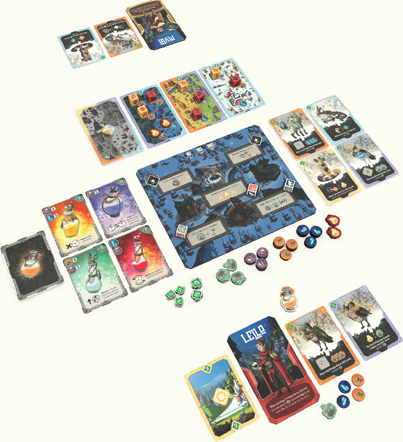 An elaborate board game called Brew by PANDASAURUS GAMES, featuring a colorful game board depicting various potions and characters. The game's components include potion cards, player tokens, and a variety of dice, all laid out in an engaging manner for players to strategize their next move.
